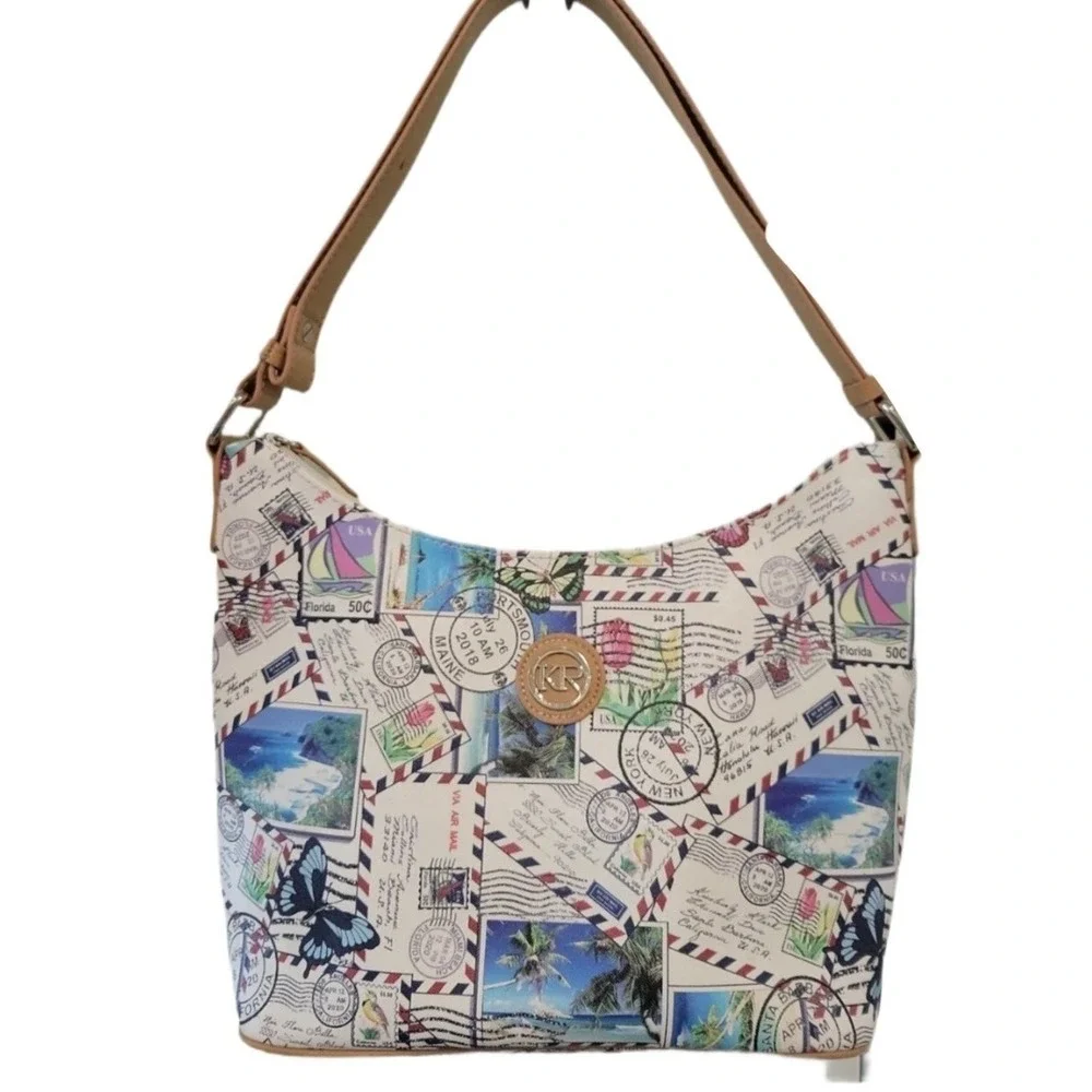 Kim Rogers Postcard Stamp Print Satchel Bag Medium Size Butterfly Purse Handbag